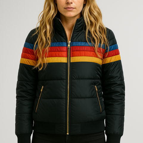 Bold women's vibrant retro striped jacket. Modern fashion outerwear statement piece with a colorful, trendy design.