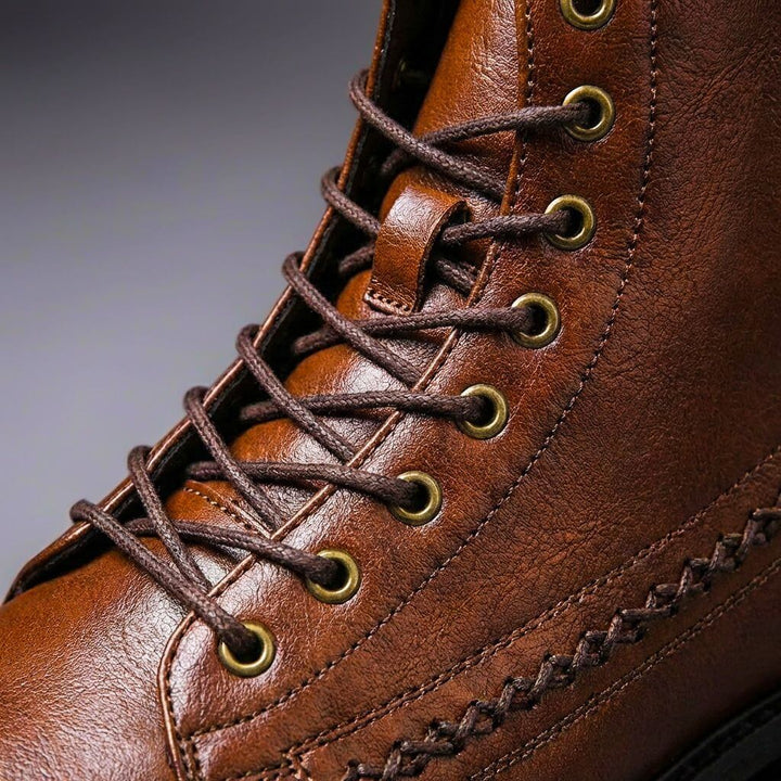 Close-up of high-quality leather men's classic boots, showcasing durable craftsmanship & versatile design for all seasons.