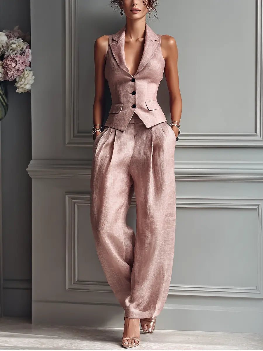 Women's elegant pleated vest & wide-leg pants two-piece set, perfect for a sophisticated office or party look.
