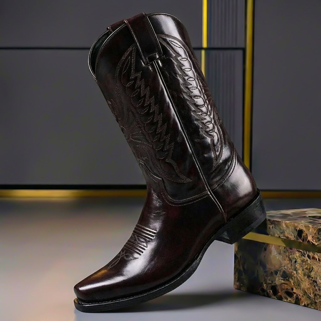 Men's classic heritage cowboy boots in brown leather, perfect for versatile everyday style and lasting comfort.