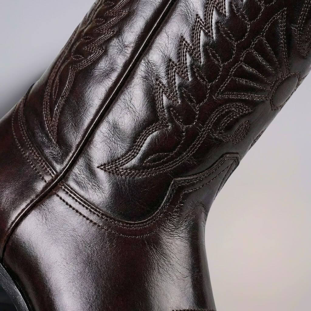 Stylish brown leather men's heritage boots for comfortable everyday wear. Classic cowboy boot fashion.