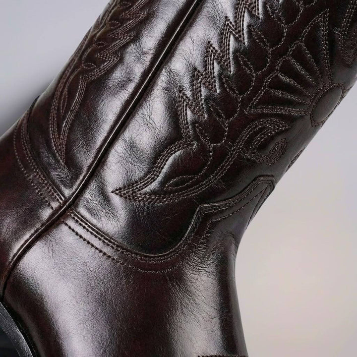 Stylish brown leather men's heritage boots for comfortable everyday wear. Classic cowboy boot fashion.