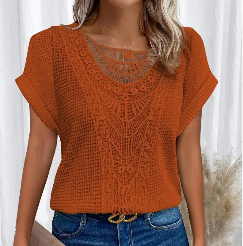 Stylish women's lace detail top. An elegant choice for going out, summer fashion, or casual chic looks.