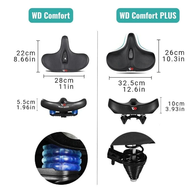 Premium wide bike saddle, featuring enhanced support & shock absorption for improved cycling comfort.