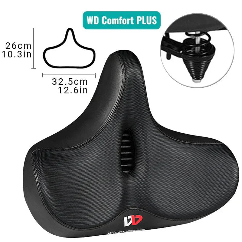 Ergonomic bike seat with shock-absorbing design, perfect for comfortable city, mountain, or e-bike cycling.
