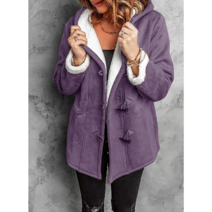 Cozy navy women's hooded warm jacket, perfect versatile layering for cold weather.