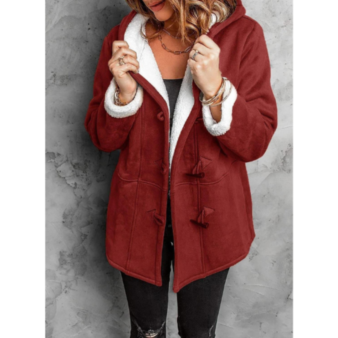 Violet women's hooded warm jacket, versatile for layering and everyday chic fall/winter style.