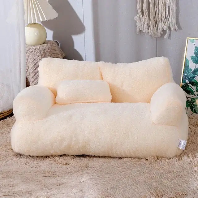 Plush cat sofa bed designed for anxiety relief, promoting deep sleep & cozy comfort. Durable, washable pet furniture.