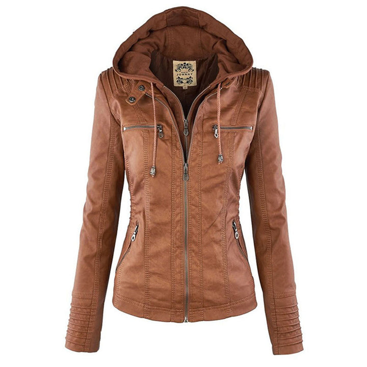 Women's waterproof jacket with a removable hood, ideal for all-weather protection & style.