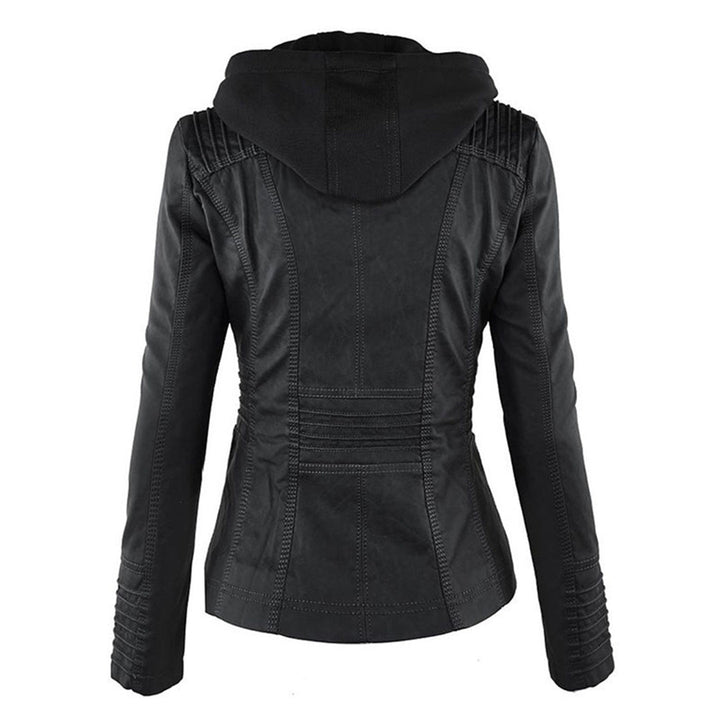 Lightweight women's waterproof jacket with a removable hood, designed for comfort in all weather.