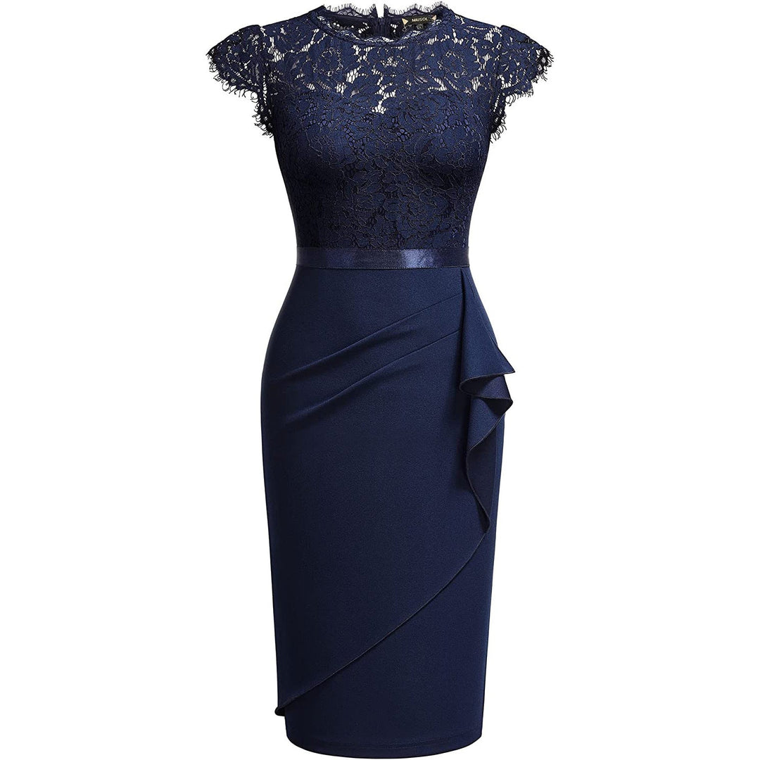 Women's elegant short sleeve midi dress. A beautiful formal wedding guest dress for evening parties.