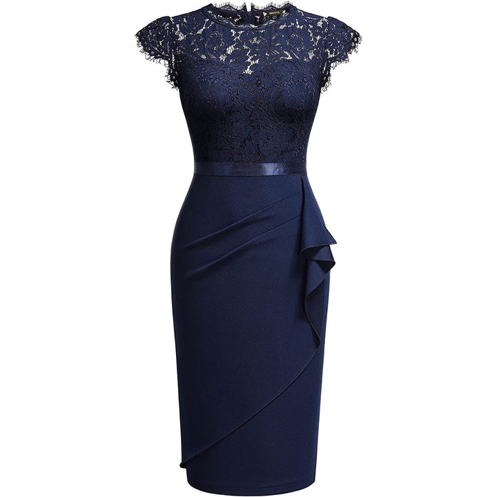 Women's elegant short sleeve midi dress. A beautiful formal wedding guest dress for evening parties.