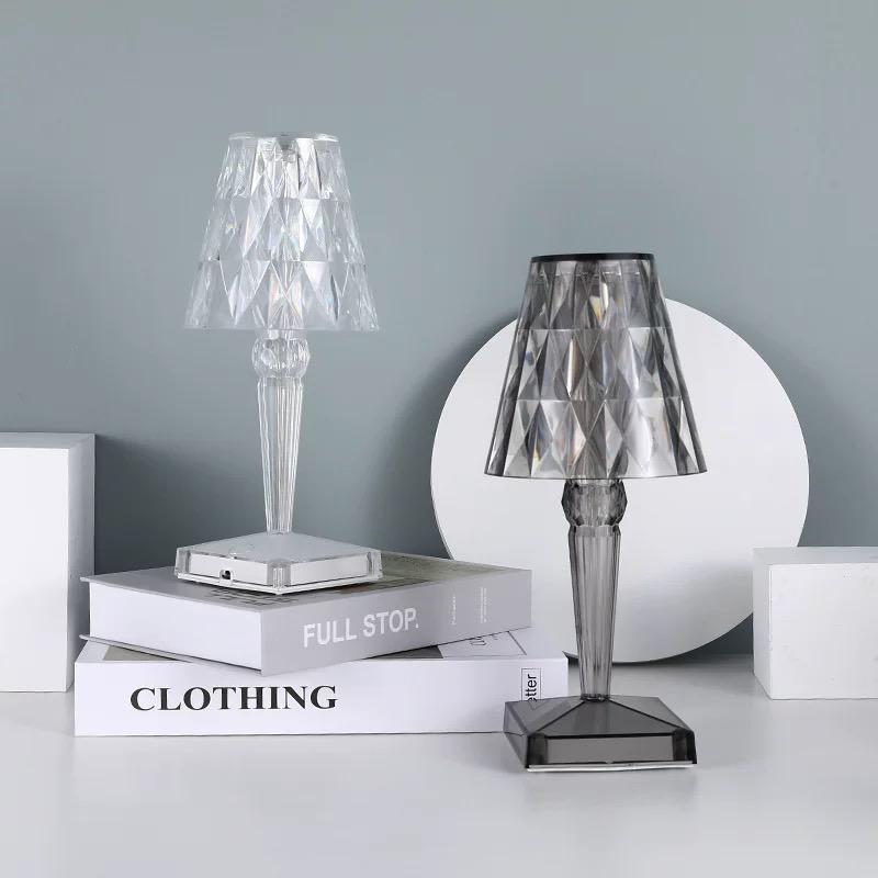 Stylish acrylic crystal lamp, touch control, rechargeable, for contemporary home decor.