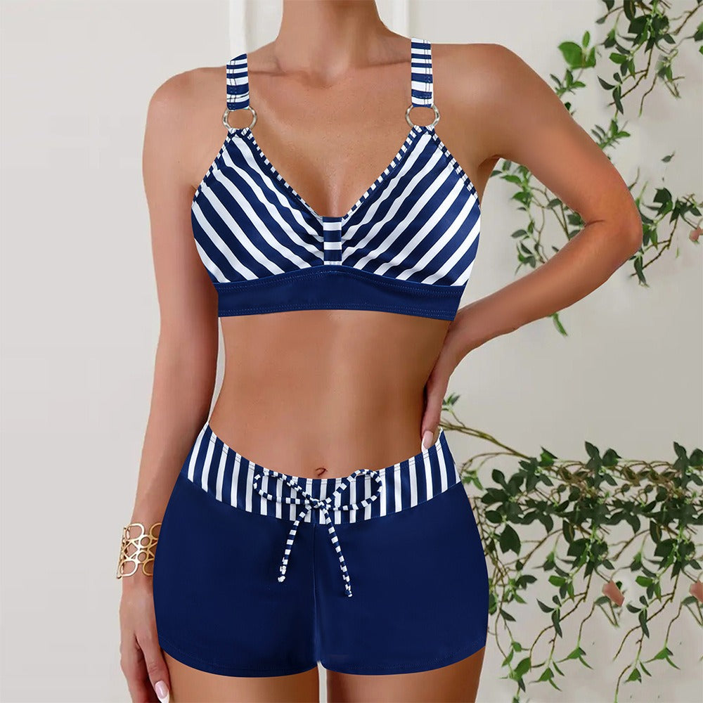 Women's stylish nautical striped two-piece swimwear set for beach and pool vacations.