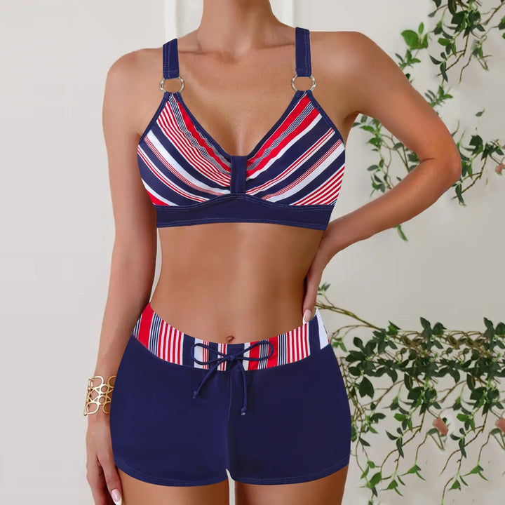 Elegant women's swimwear set, a two-piece nautical design ideal for resort pools.