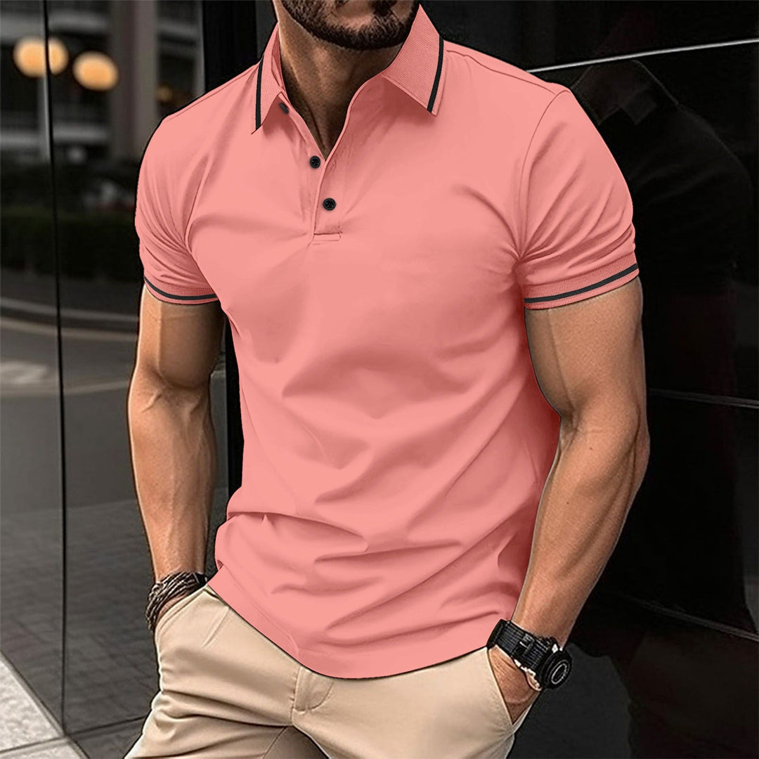 Men's elegant short sleeve polo shirt in a classic style, perfect for smart casual outfits and modern menswear.