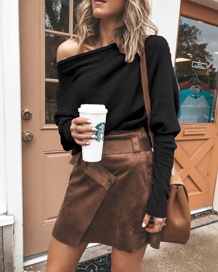 Chic off-shoulder women's sweater, loose fit pullover for casual elegance & versatile everyday wear.
