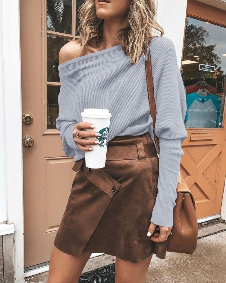Elegant off-the-shoulder sweater for women, stylish loose fit pullover perfect for chic casual fashion.