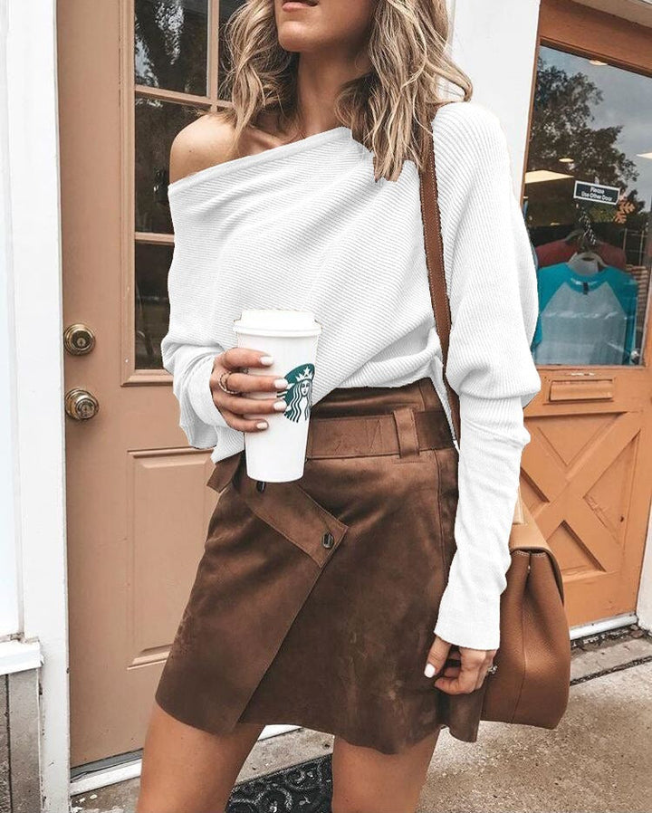 Stylish women's off-the-shoulder pullover sweater. Casual elegant loose fit for versatile fashion everyday.
