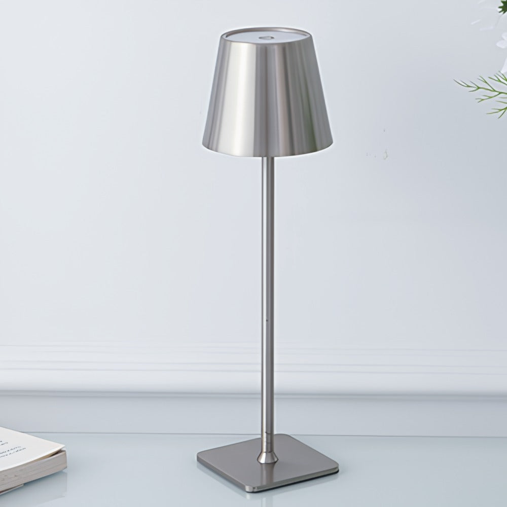 Tall LED table lamp, dimmable and rechargeable, suitable for any modern setting.