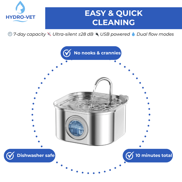 Vet-grade pet water fountain ensuring quiet, continuous filtered hydration for optimal pet health.