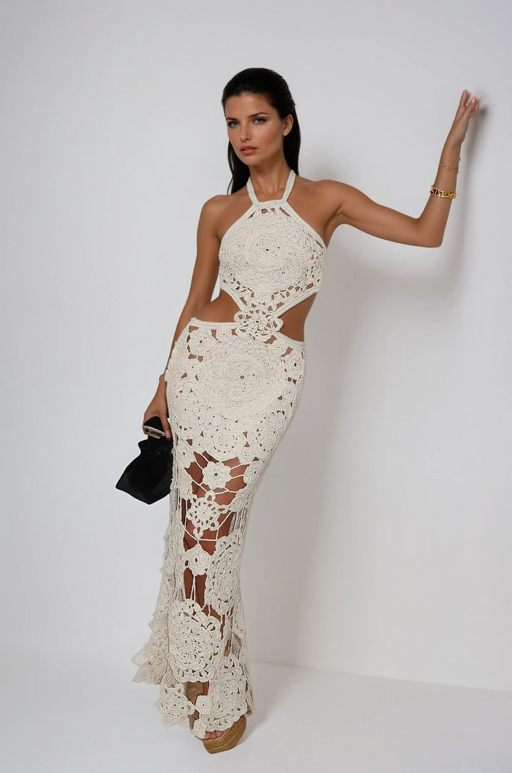 Elegant white cut out maxi dress for women, perfect for summer parties & resort wear.