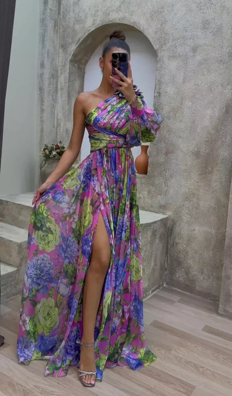 Elegant women's flowy one-shoulder maxi dress, perfect for special occasions & evening parties.