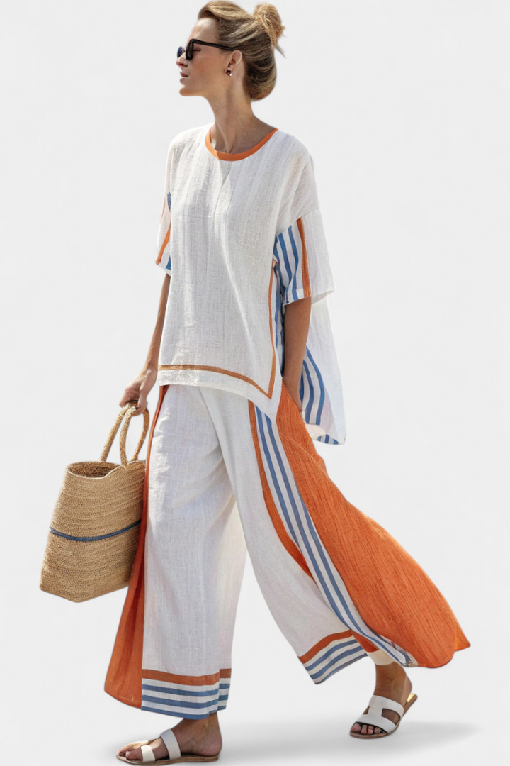 Women's relaxed multi-color striped wide-leg pant set, ideal for casual summer fashion & travel style.