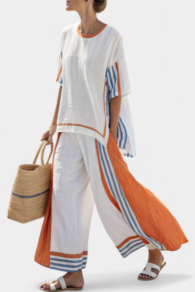 Boho chic women's two-piece striped wide-leg pant set, relaxed fit, perfect for beachwear & summer outfits.