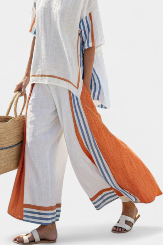 Casual women's striped wide-leg pant set, a versatile two-piece for summer, resort, or everyday wear.