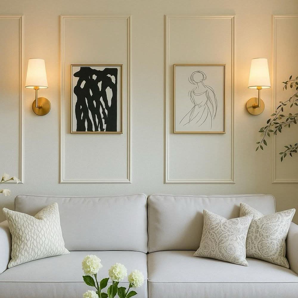 Two wireless wall sconces with dimmable fabric shades and remote control, perfect for bedroom lighting.
