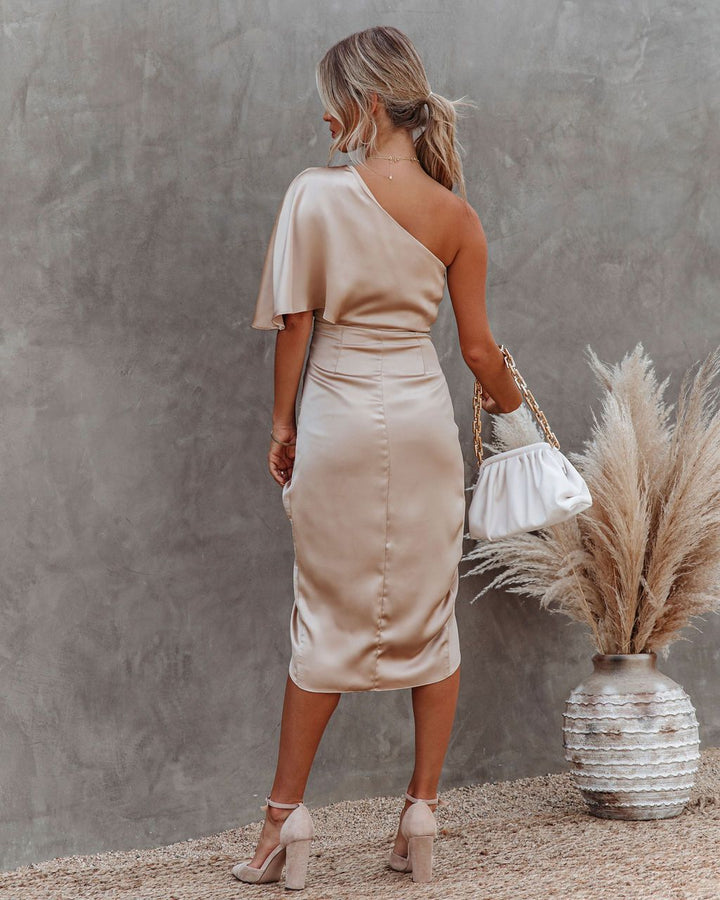 Elegant gold one-shoulder wrap midi dress for women, perfect for races, cocktails, and special occasions.