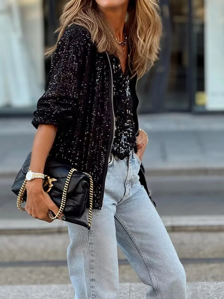 Versatile women's sparkly sequin zip jacket. Elevate your loungewear or make a statement at parties.
