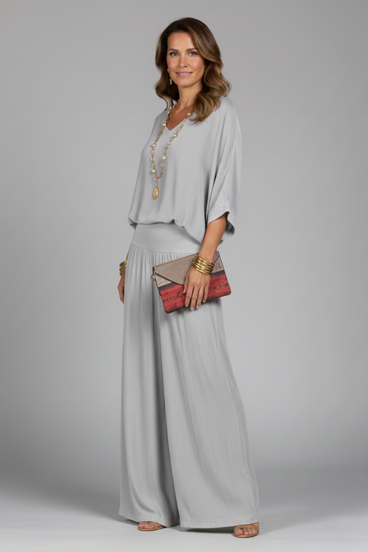 Close-up of the breathable chiffon fabric, highlighting details of this women's two piece set.