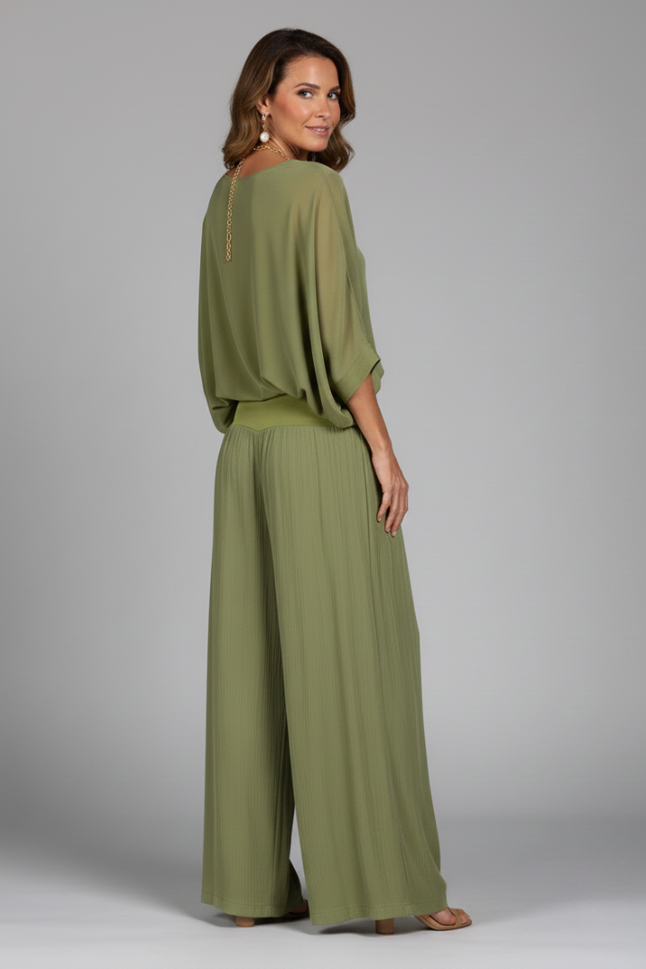 Model in a stylish women's chiffon wide leg two piece set, perfect for casual elegant looks.