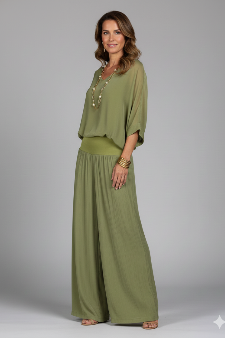 Versatile women's summer wear: a chic chiffon two piece set with wide leg trousers.