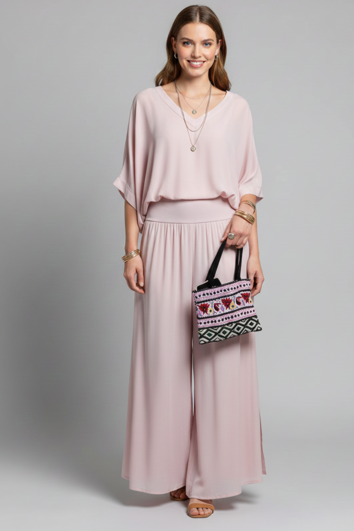 Lightweight chiffon two piece set for women, featuring a relaxed fit & stylish wide leg design.