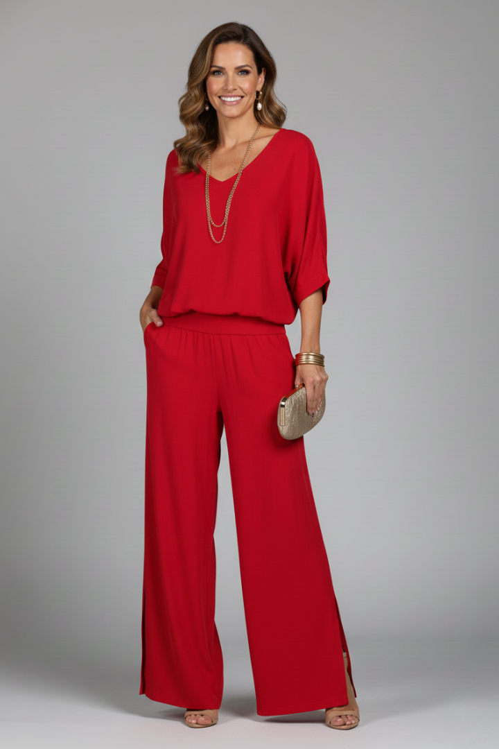 Chic women's wide leg chiffon two piece set, offering a comfortable and casually elegant look.