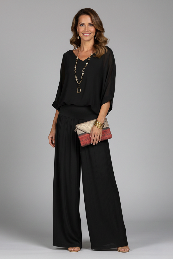 Stylish women's wide leg two piece set in chiffon, ideal for summer and effortless style.