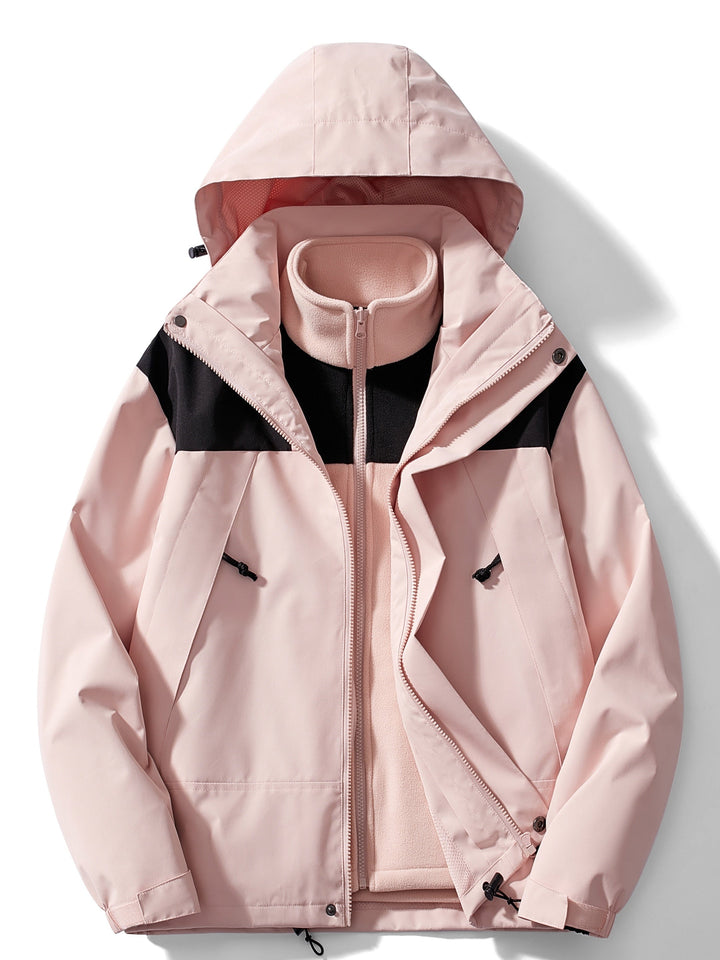 Cozy women's hooded jacket, an essential 3-in-1 piece for chilly all-season adventures.