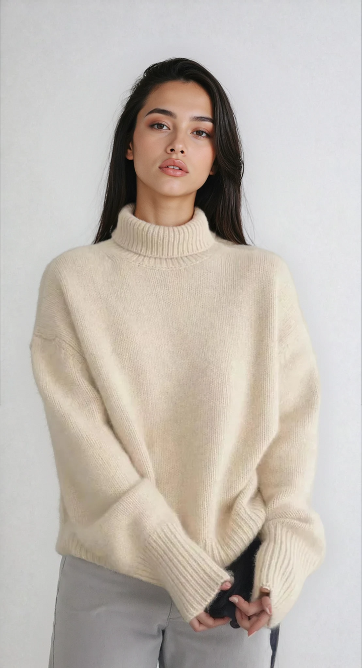 Cozy women's turtleneck sweater, perfect for effortless winter style & comfort. Soft knit for cold days.