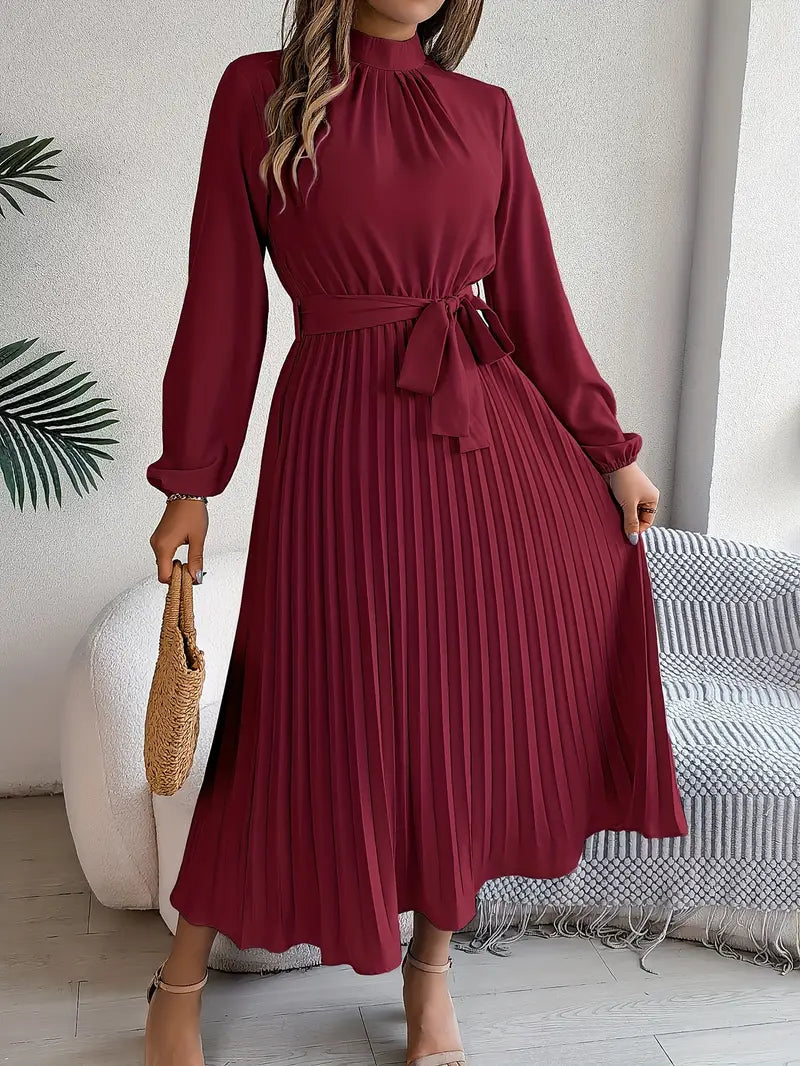 Sophisticated women's elegant pleated midi dress, long sleeve, perfect for parties & events.