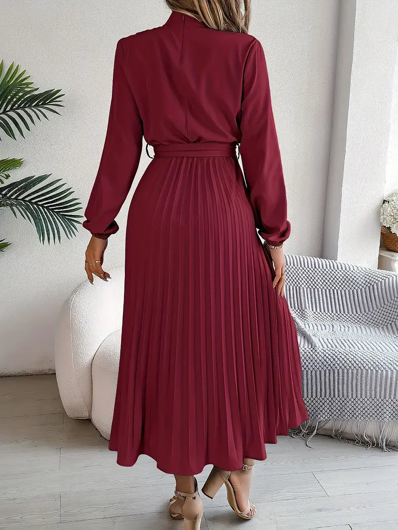 Chic pleated midi dress for women, long sleeve and an elegant belted waist. Day to night wear.