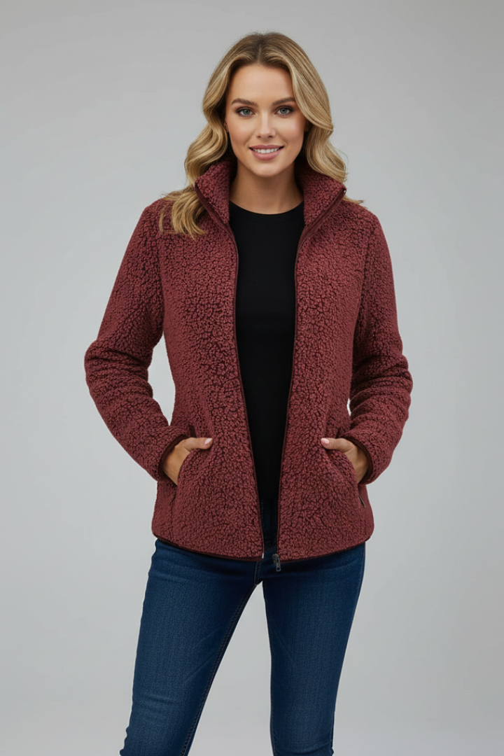 Women's cozy stand-up collar zip jacket, perfect for everyday warmth & casual style.