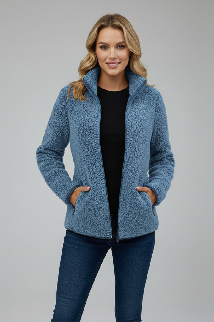 Warm women's stand-up collar zip jacket, essential long sleeve outerwear for cozy comfort.