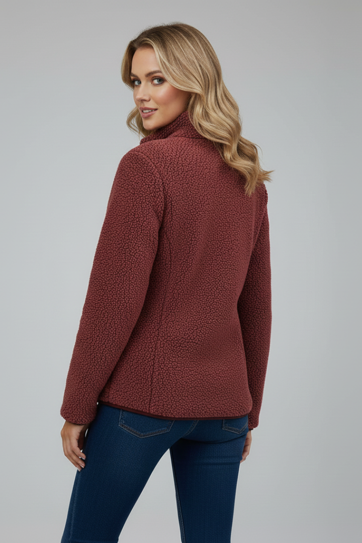 Relaxed fit women's long sleeve zip jacket with stand-up collar, ideal for casual layering & comfort.