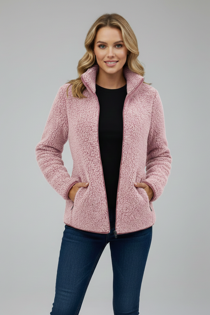 Full-zip women's cozy jacket with a stand-up collar, offering versatile style and warmth for layering.