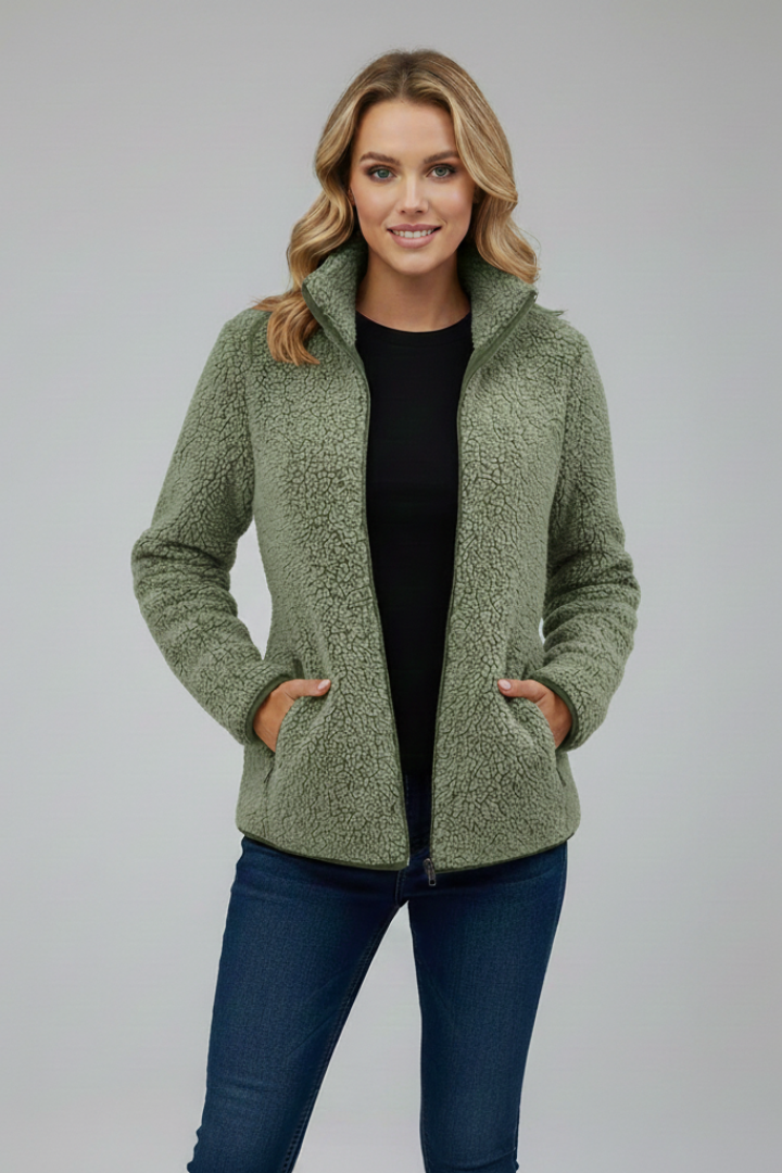 Cozy women's zip jacket, stand-up collar for warmth, perfect long sleeve layering outerwear.