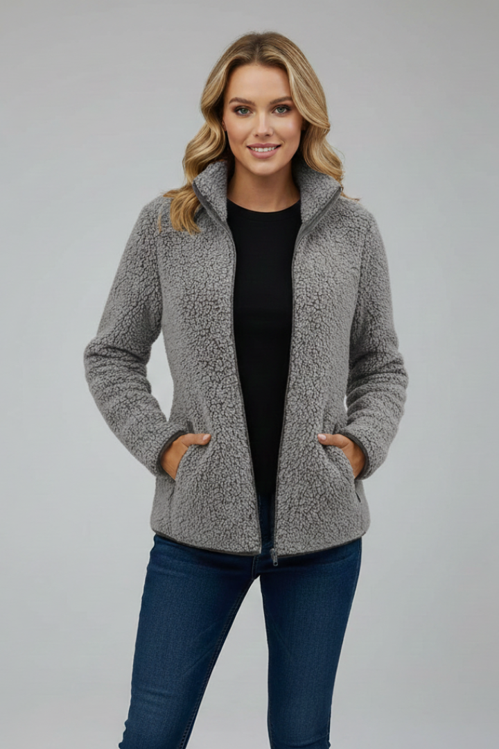 Trendy women's stand-up collar zip jacket for fashion-forward layering and warmth.