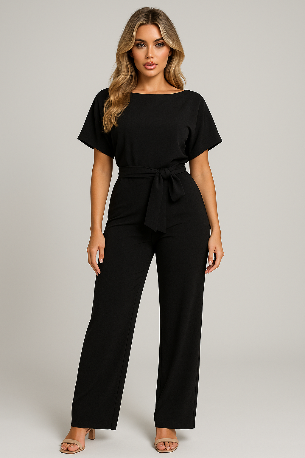 Close-up of the belted waist on a women's wide-leg jumpsuit, highlighting the elegant and adjustable detail.